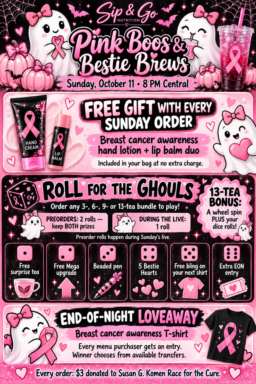 Sunday Roll for the Ghouls game, six dice prizes, bonus wheel spin, free hand lotion and lip balm duo with every order, and breast cancer awareness T-shirt Loveaway