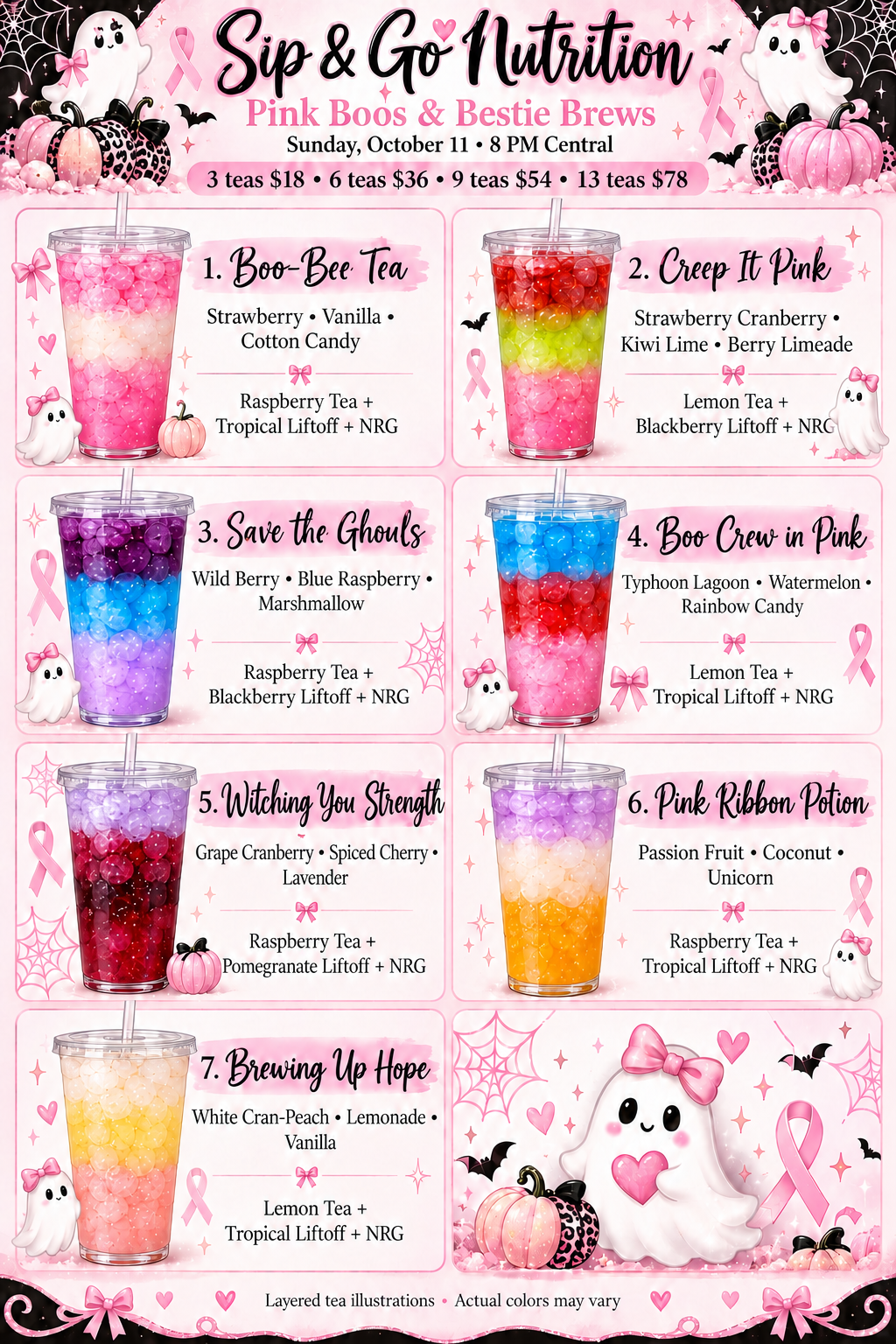 Pink Boos and Bestie Brews menu, teas 1–7, with large clear 30 oz plastic cups with layered teas