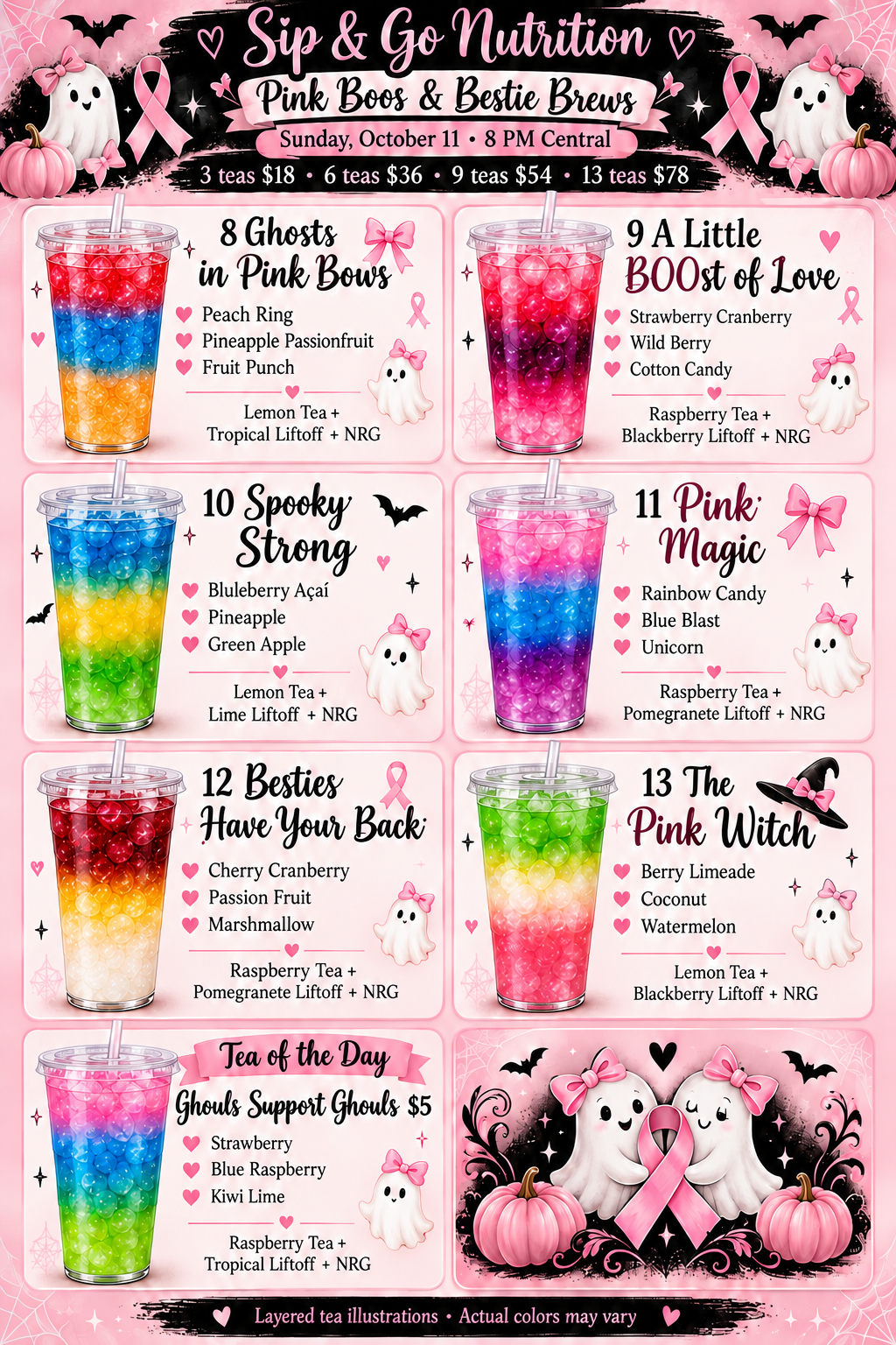 Pink Boos and Bestie Brews menu, teas 8–13 and Tea of the Day, with large clear 30 oz plastic cups with layered teas